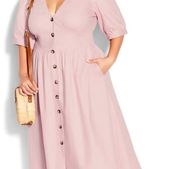 City Chic Linen Midi Dress Dusty Pink Puff Sleeve V-Neck Sundress Size 16, New! - Picture 2 of 12